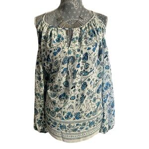 New Max Studio White Blue Floral cold shoulder Top Blouse Small long sleeve